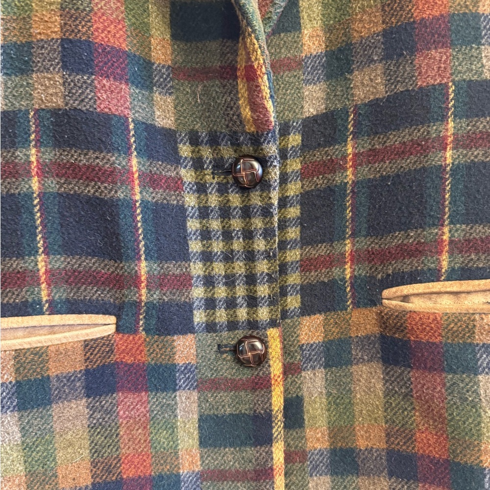 Plaid Patch Wool Vintage Blazer with Suede Collar - Picture 3 of 5